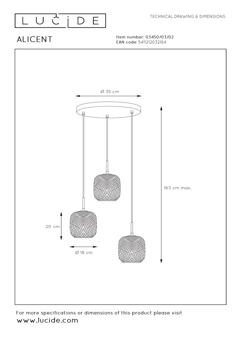 Lucide ALICENT - Pendant light - Ø 35 cm - 3xE27 - Matt Gold / Brass